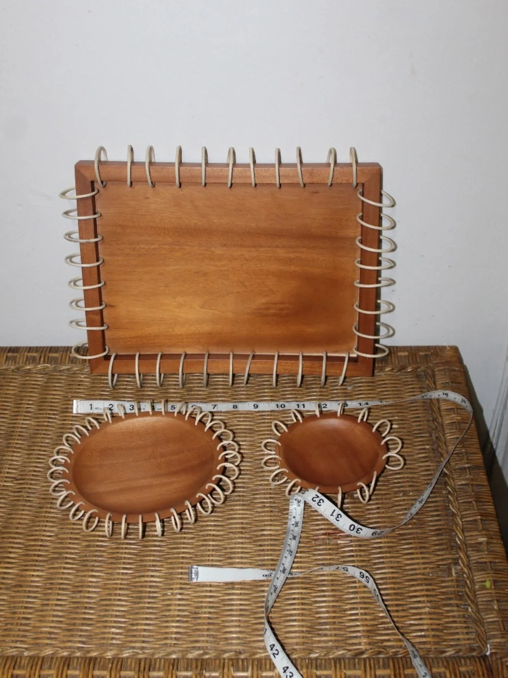 West Elm. Decorative Wooden Tray and Dish Set with Side Cord Detailing